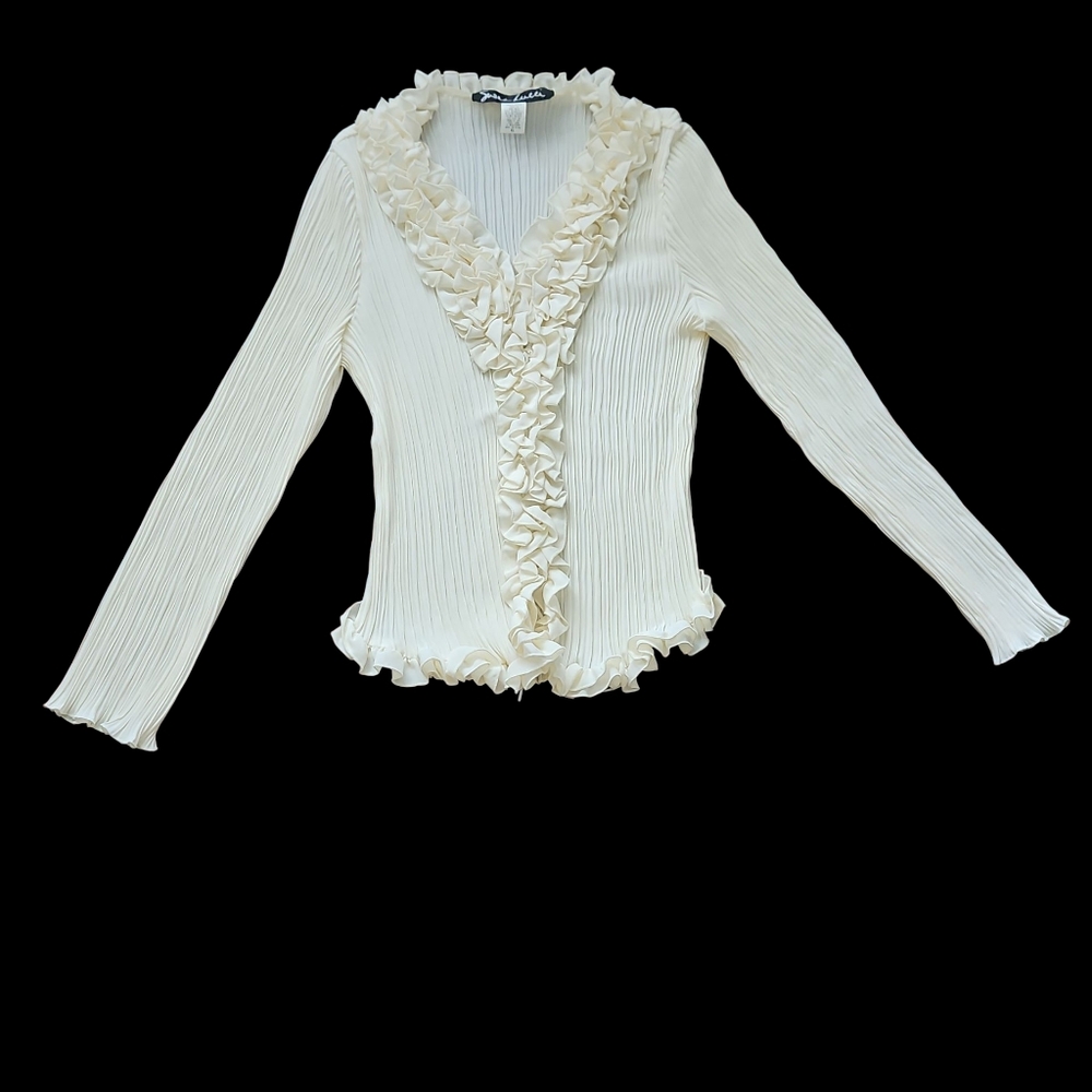 Susan Lucci Top Ruffle Ivery Blouse Long Sleeve, Deep V-neck XL